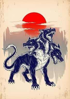 Cerberus Illustration with Red Sun