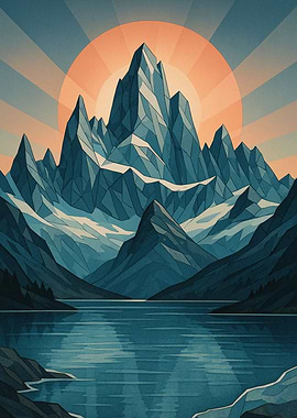 Geometric Mountain Landscape with Lake