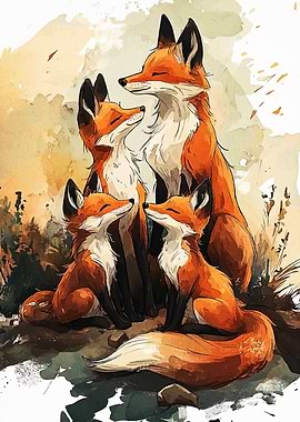 Watercolor Fox Family Portrait