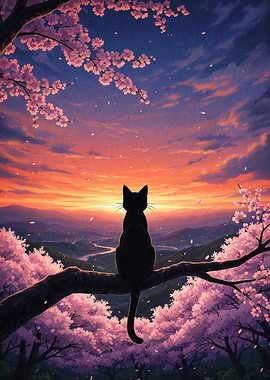 Black Cat on Cherry Blossom Branch