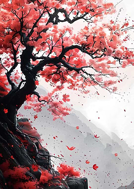 Red Blossom Tree Mountainside