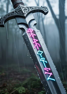 Runic Sword in Rainy Forest