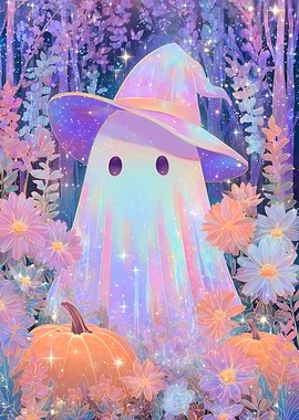 Pastel Halloween Ghost with Witch Hat
