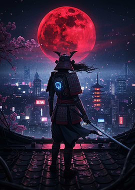Cyberpunk Samurai Under Red Moon
