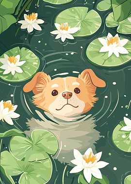 Dog swimming in a lily pond