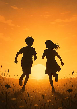 Children Running at Sunset Silhouette