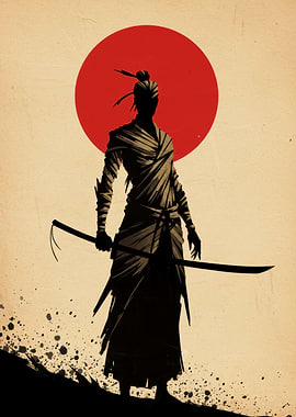 Samurai Silhouette with Red Sun