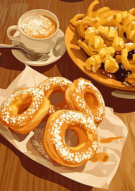 Donuts, Churros, and Coffee Still Life