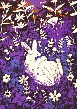 Resting Rabbit in Floral Meadow