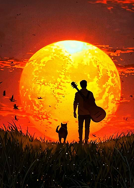 Sunset Walk with Guitar and Dog