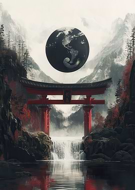 Japanese Torii Gate with Waterfall