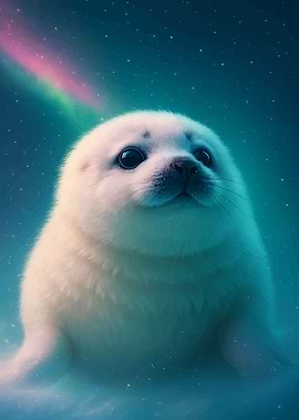 Cute Seal Pup Under Aurora Sky