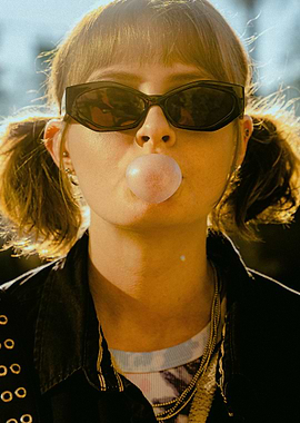 Girl blowing bubblegum with sunglasses