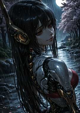 Cyberpunk Girl in Rainy Landscape