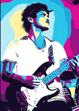Bruno Mars playing guitar, pop art