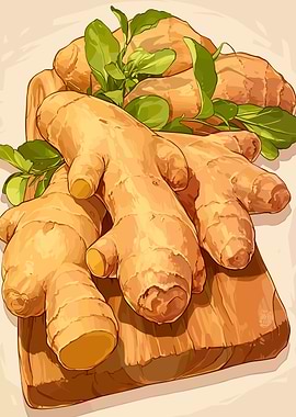 Ginger Roots on Wooden Board