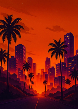 Sunset Cityscape with Palm Trees