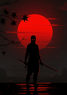 Silhouette Ninja with Red Moon