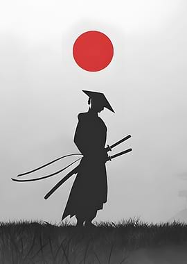 Silhouette of a Samurai with Red Sun