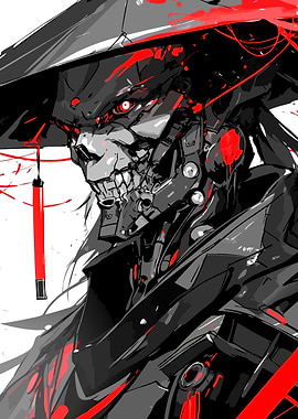 Cyberpunk Samurai Robot with Red Accents