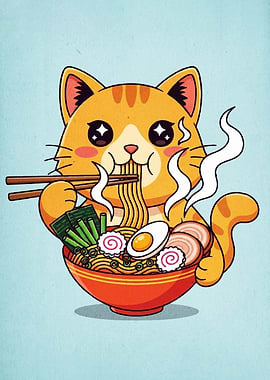 Cartoon Cat Eating Ramen Illustration