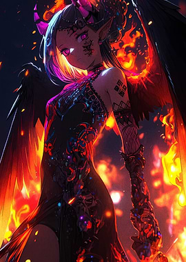 Anime Demon Girl with Wings and Fire