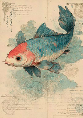 Koi Fish Illustration on Antique Paper