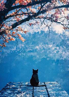 Cat under Cherry Blossom Tree