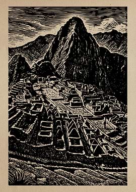 Machu Picchu Woodcut Illustration Art