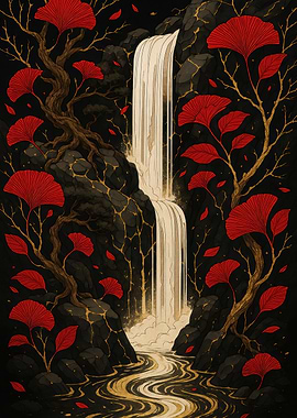 Waterfall with Red Ginkgo Leaves