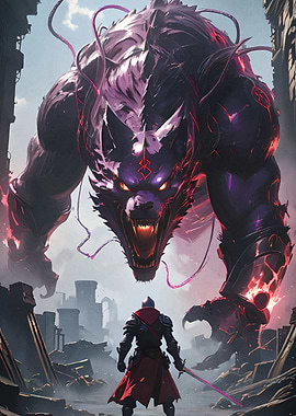 Knight facing monstrous wolf