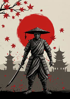 Samurai Warrior with Katana and Pagodas