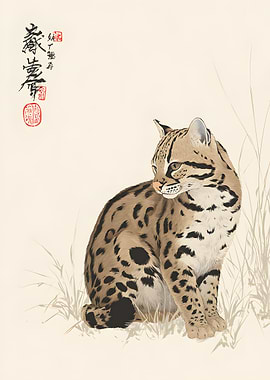 Ocelot in Traditional Asian Painting Style