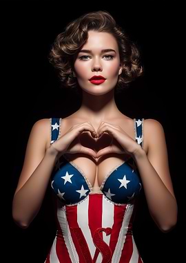 Patriotic Pin-Up Girl with Heart Hands