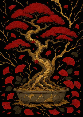 Red Bonsai Tree on Black Background