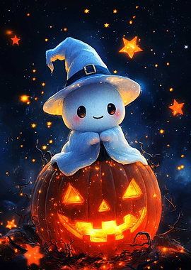 Cute Ghost on Pumpkin Halloween Night