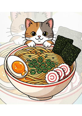 Cat with Ramen Bowl Illustration