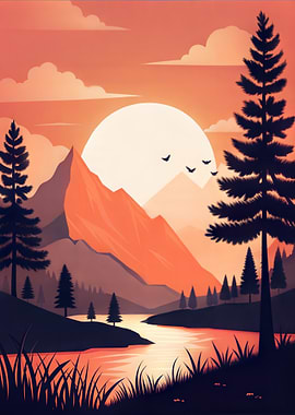 Sunset at Mountains Landscape with River Nature