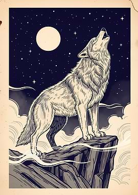 Wolf Howling at the Moon Illustration