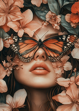 Woman with Butterfly Mask and Flowers