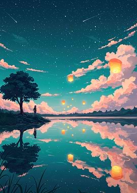 Night Sky Lanterns by Lake