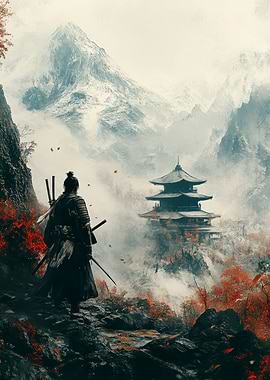Samurai in Misty Mountain Landscape