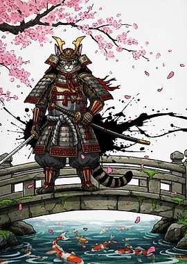 Samurai Cat on Bridge with Koi
