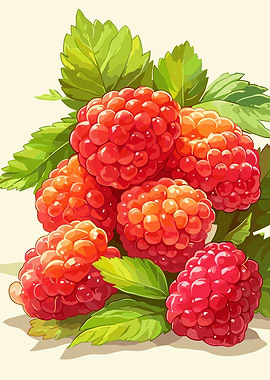 Raspberries with Leaves Illustration