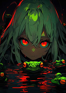 Anime Girl with Frogs in Dark Water