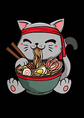 Cat Eating Ramen Cartoon Illustration