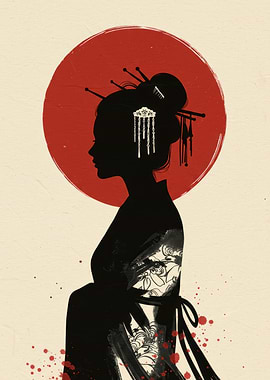 Silhouette of Geisha with Red Sun