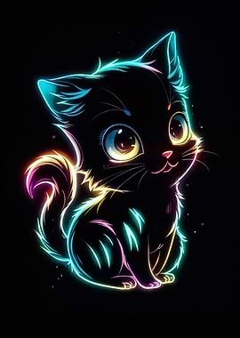Neon Glowing Kitten on Black Background