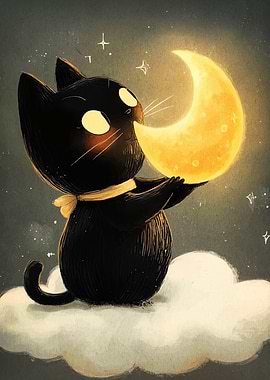 Cute Black Cat Holding the Moon