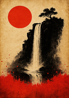 Japanese Waterfall with Red Sun